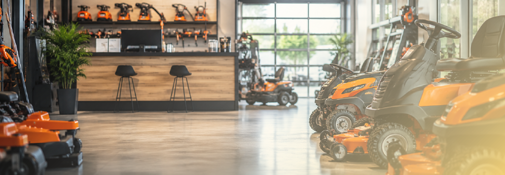 dealership showroom with outdoor power equipment